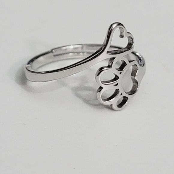 Wrap Adjustable Fashion Ring Paw Print And Heart Silver Ring - Picture 3 of 7